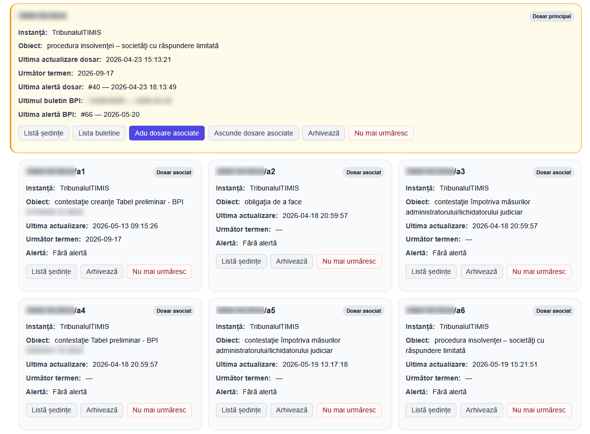 Dosar principal cu dosare asociate în dashboard